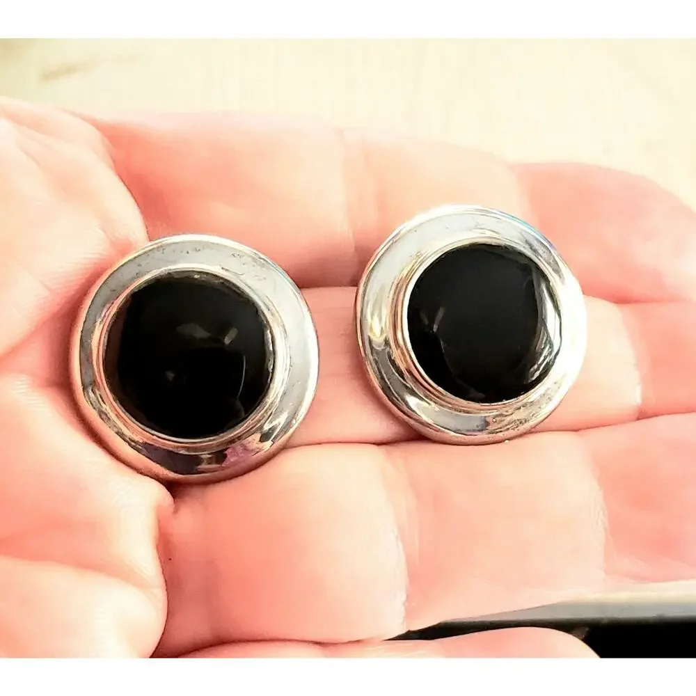 Vintage Silver‎ & Black Round Pierced Earrings, 1